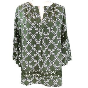 Crown & Ivy size S olive green & white BOHO bell sleeve peasant blouse w crochet